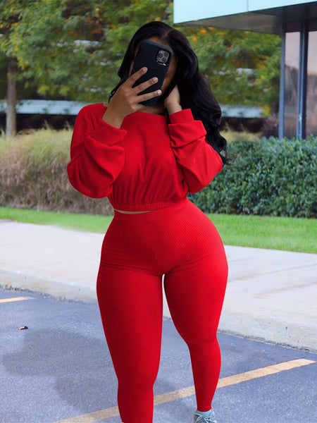 Stylish Ribbed Two-Piece Set for Women: Crop Top and High Waist Sporty Pants Outfit